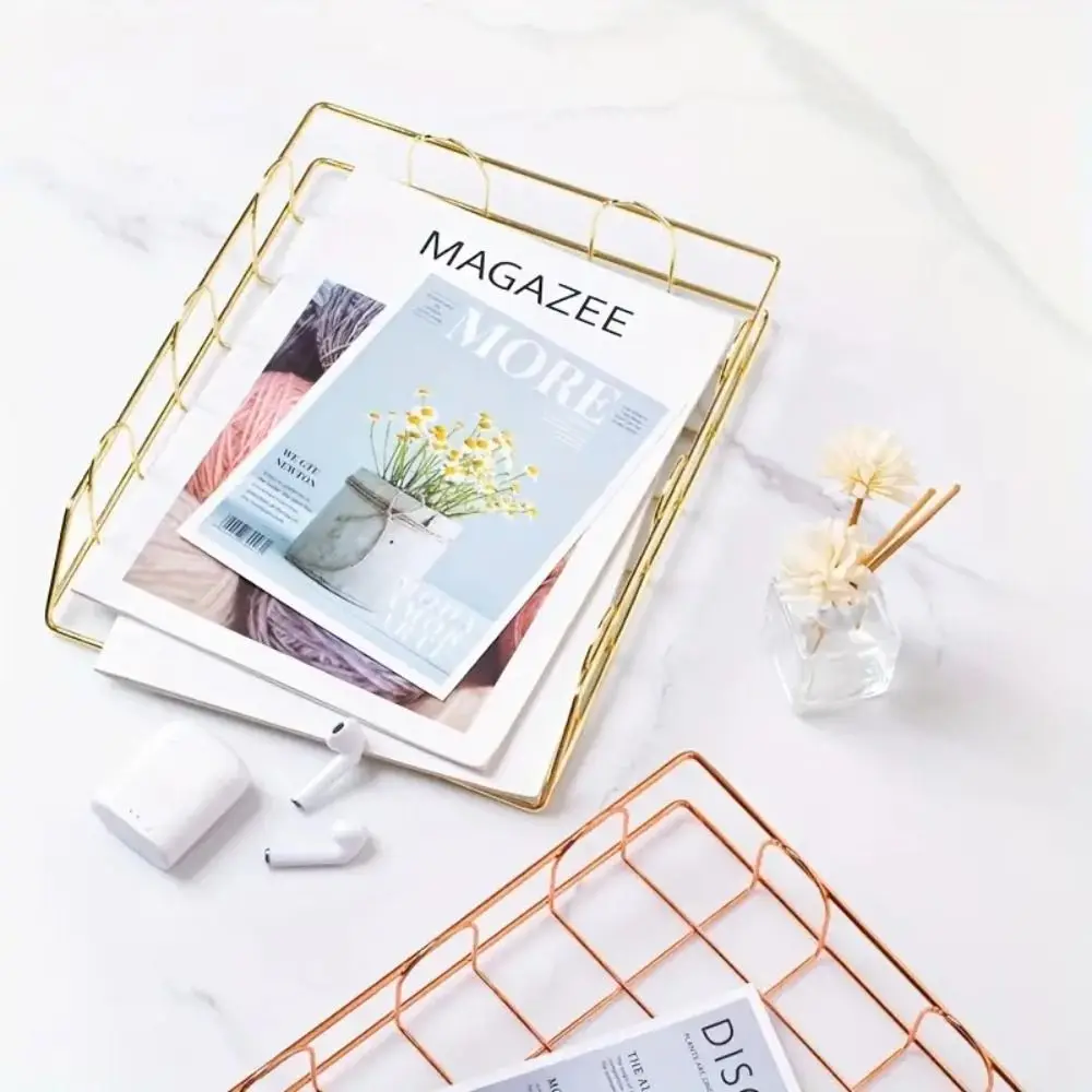 

Storage Basket A4 File Storage Basket Organizer Rack Mesh Bottom Paper File Document Organizer Rose Gold Pen Holder