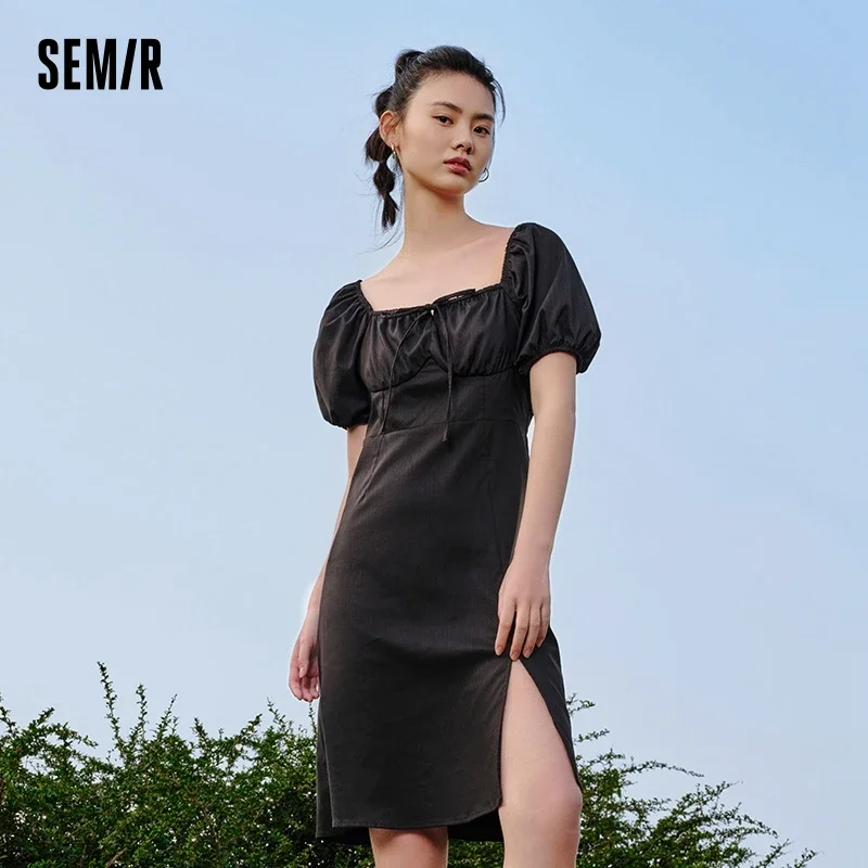 Semir Dress Women Hollow Out Split Sexy Heart Machine 2023 Summer Square Neck Bubble Sleeves