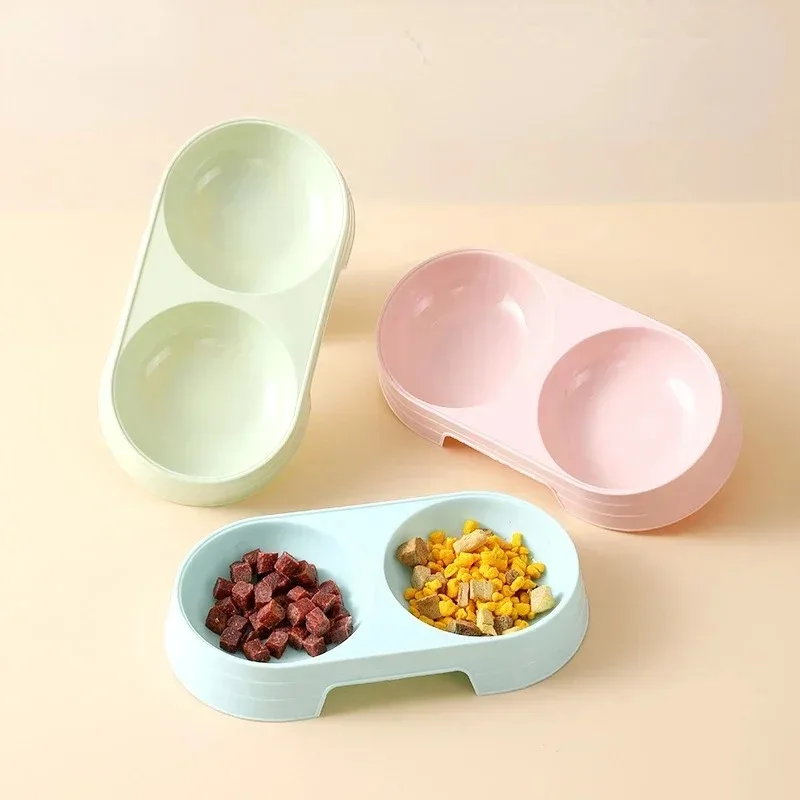 Cat Bowls Pet Double Bowl Plastic Kitten Dog Food Drinking Tray Feeder Cat Feeding Candy Color Pet Supplies Accessories