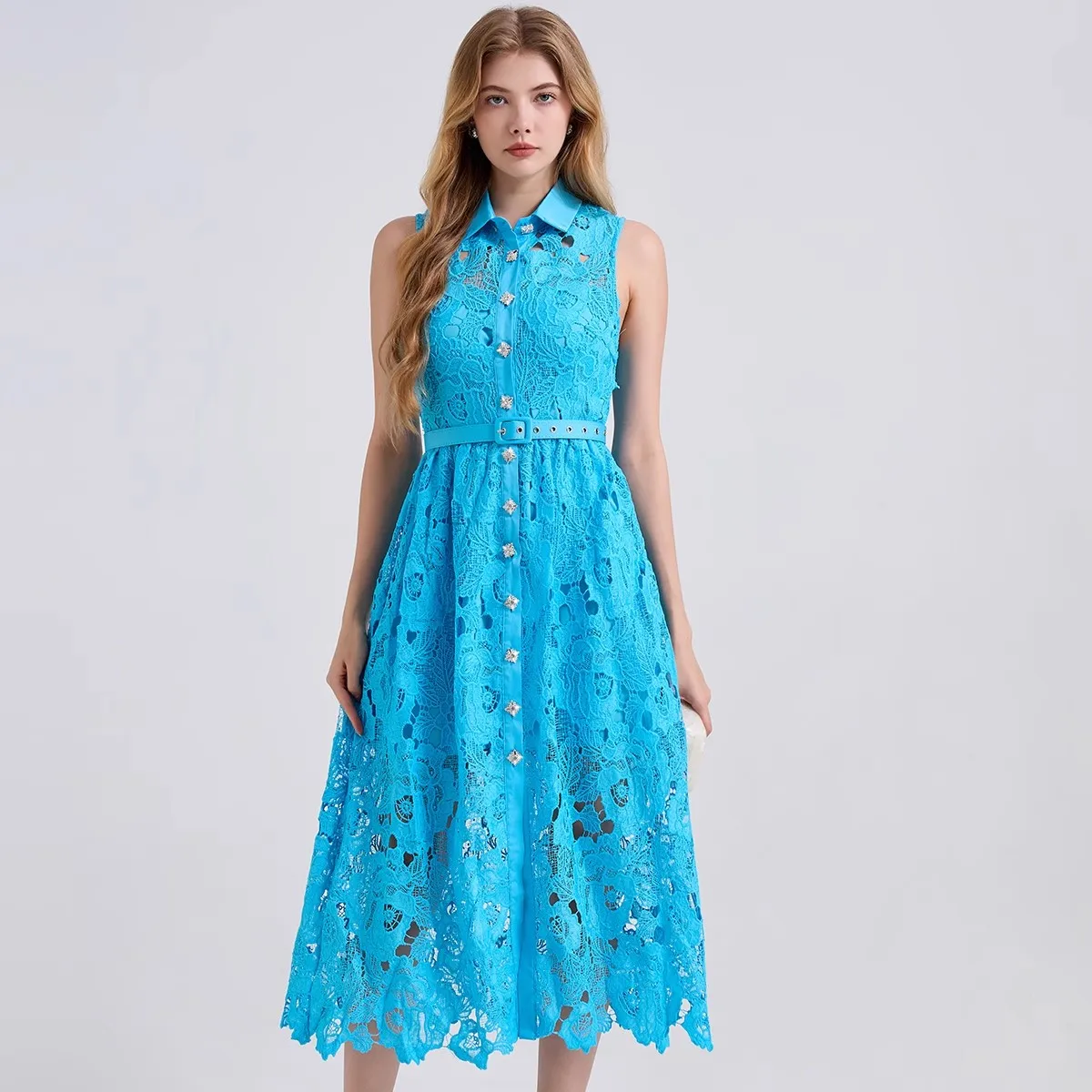 

Runway Embroidery Lace Evening Long Dress Womens Summer Fashion Sleeveless Single Breasted High Street Ladies Dresses