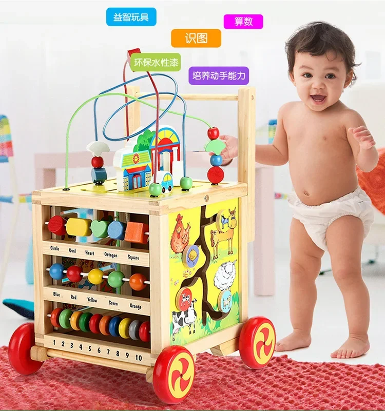 

Wooden Hand Push Walker for Children Multifunctional Four Sided Large Bead Wrapped Treasure Box Wooden Toy