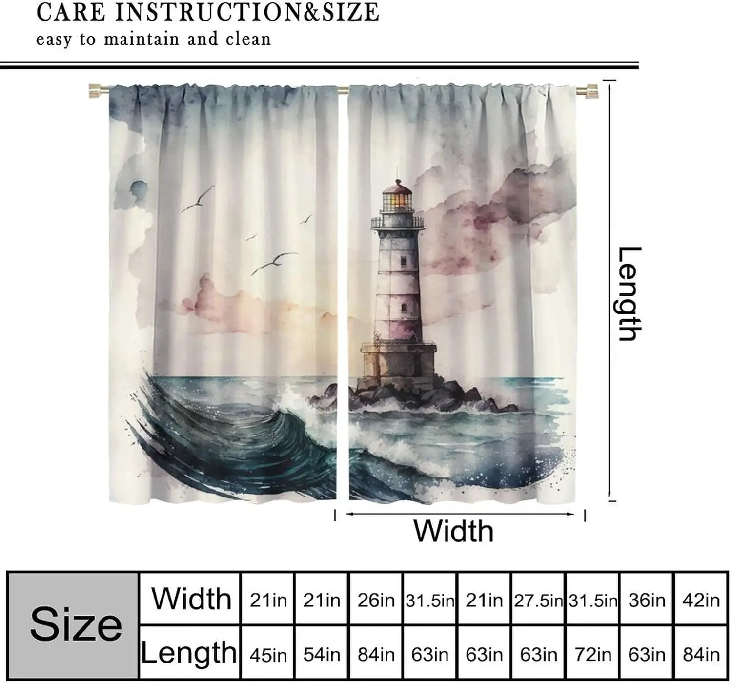 Watercolor Lighthouse Curtains Nautical Ocean Art Window Drapes Seaside Coastal Beach Scene Bathroom Window Blinds Filter Room