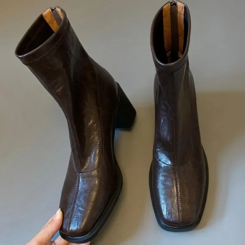 Ladies Shoes 2024 High Quality Mid-Calf Women's Boots Fashion Back Zip Office and Career Hot Sale Square Heel Shoes for Women image 3