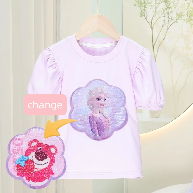 Elsa Color Changing Face Strawberry Bear Children's T-shirt Girl's Sequin Short Sleeve Round Neck Summer New Children's Top