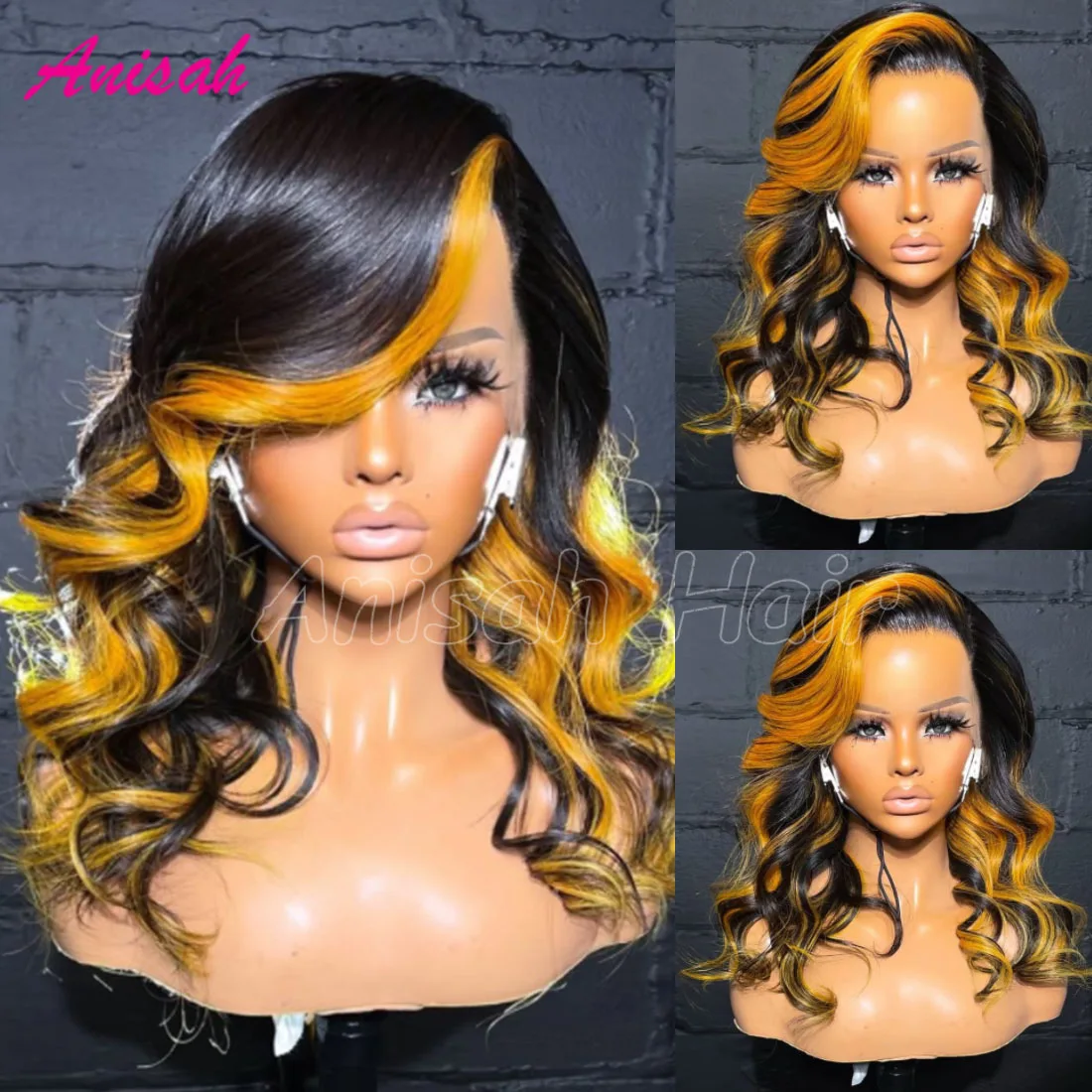 

Highlight Wig Human Hair Black and Yellow Colored Lace Frontal Wigs Preplucked Brazilian Human Hair Closure Glueless Wigs