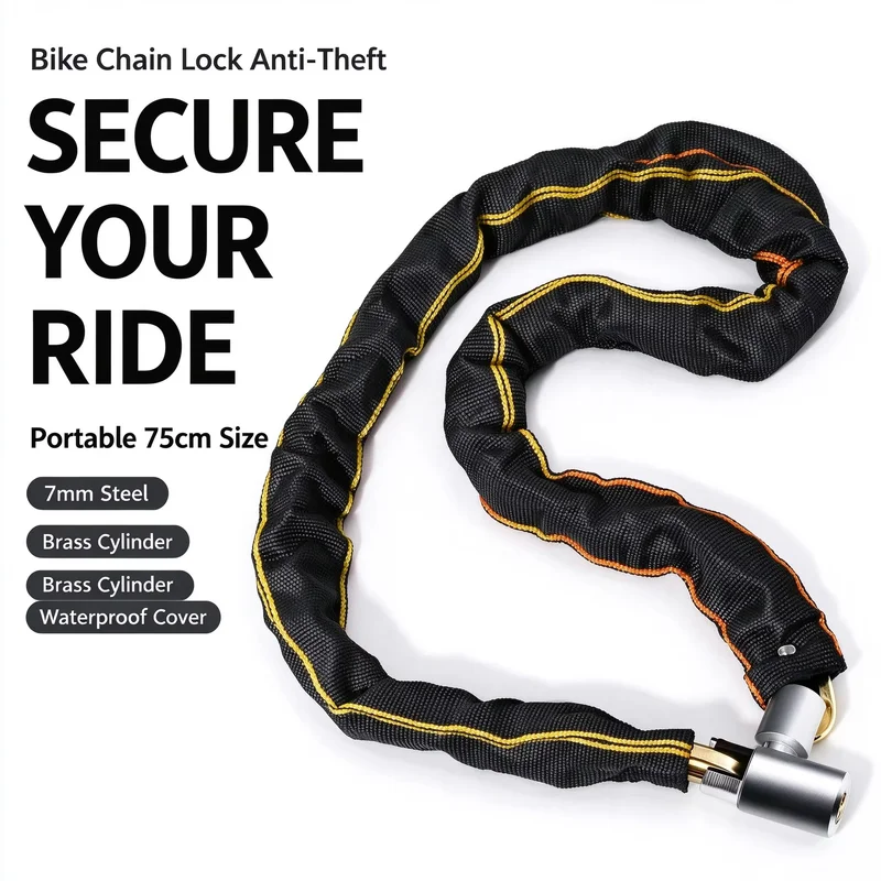 Bike Chain Lock Portable Anti-Theft 75cm 7mm Steel Brass Cylinder Waterproof for E-Bike Motorcycle Scooter MTB with 2 Keys