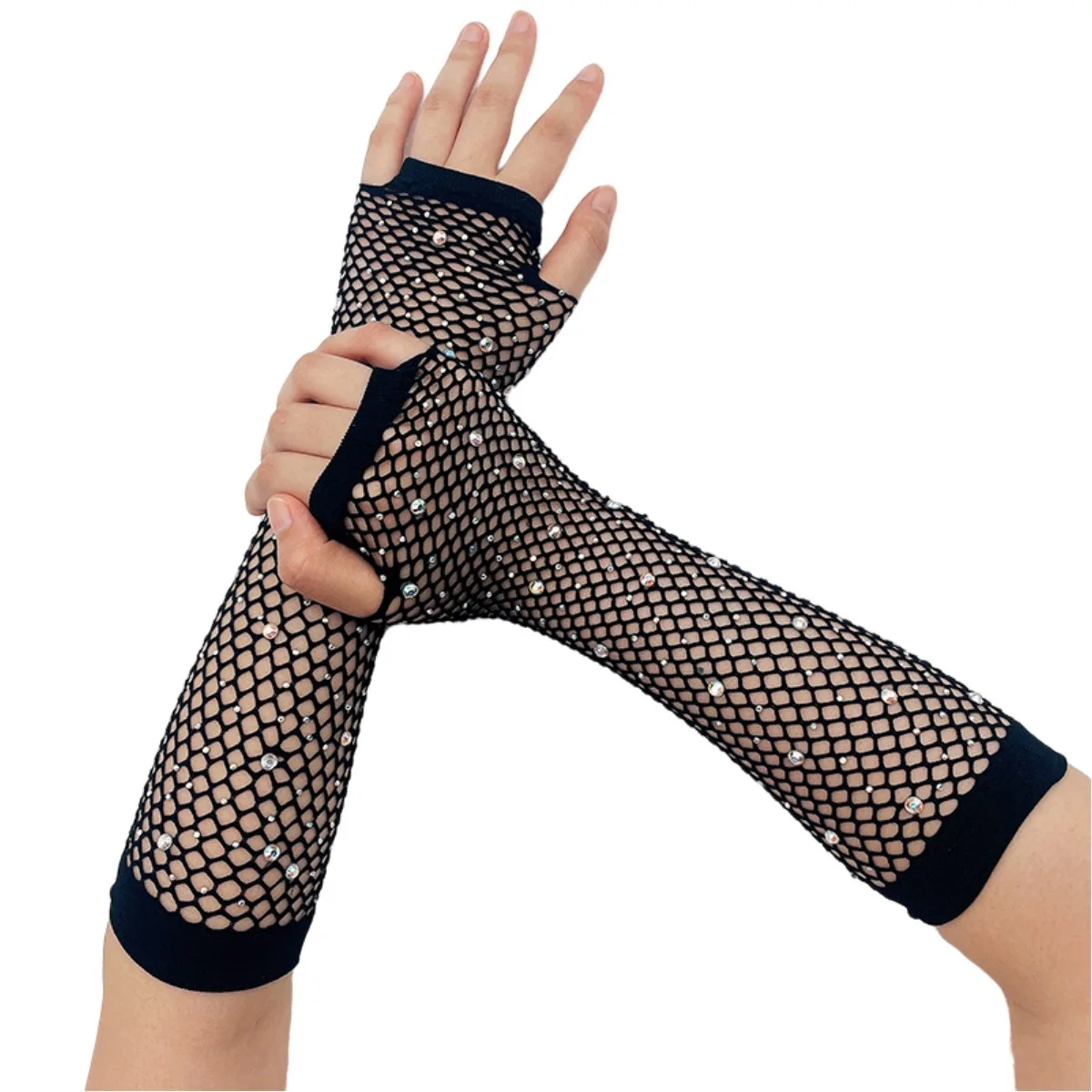 Rhinestone Fishnet Gloves Fingerless Elastic Mesh Party Black Silver Lightweight Polyester for Women Girls Club Dance