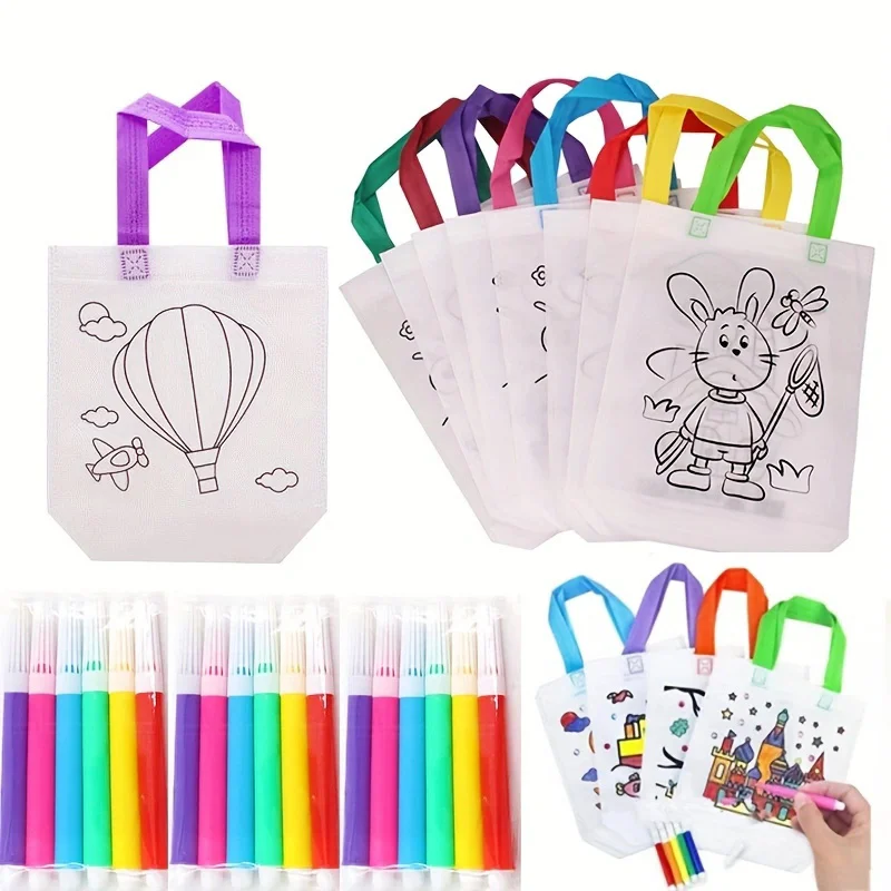 DIY Graffiti Bags with Markers Handmade Painting Non-Woven Bag for Kids Arts Crafts Color Filling Drawing Toys Christmas Gifts