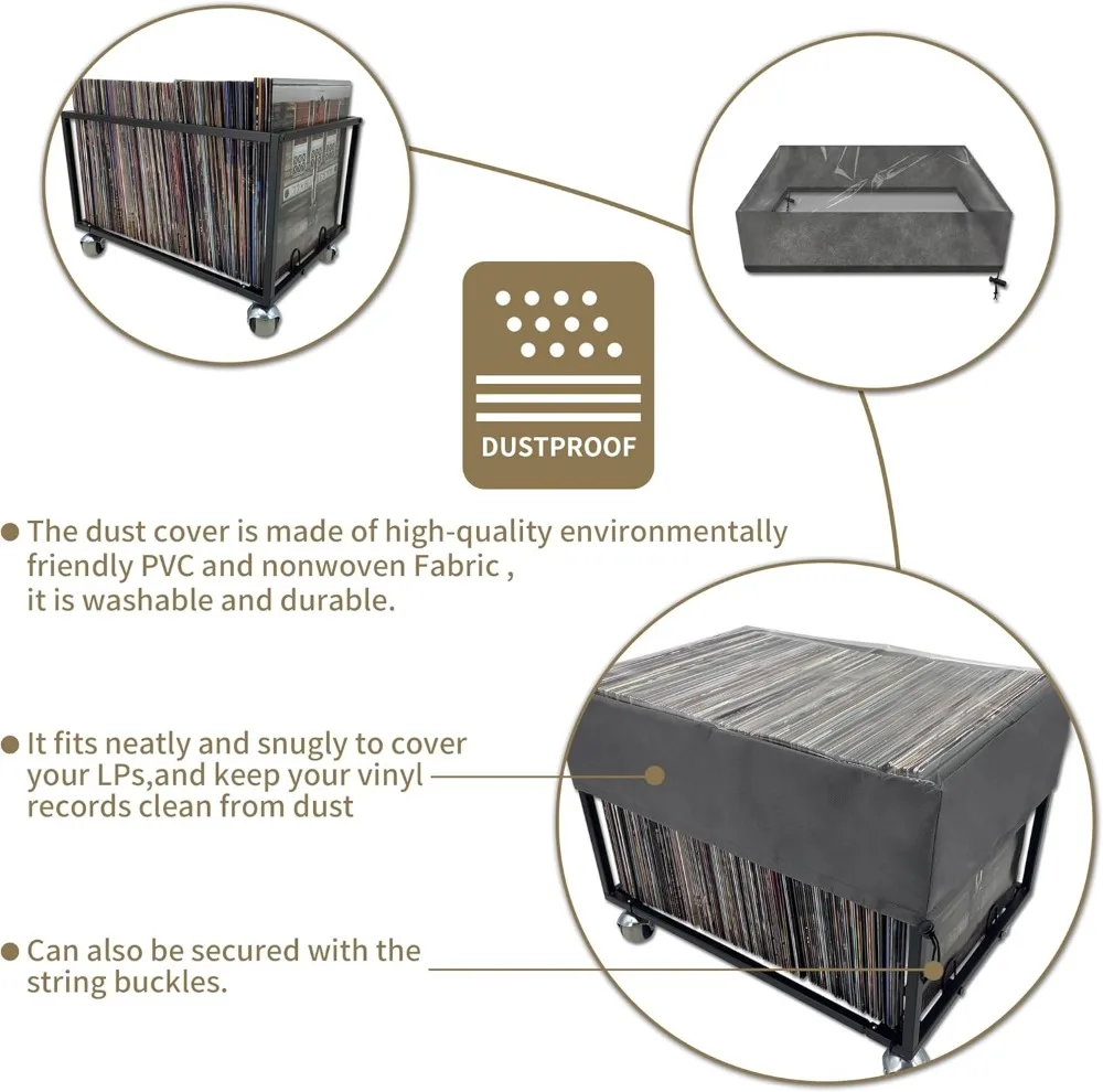 Vinyl Record Storage Holder with Wheels and Dust Cover - Holds 100 LPs - Sturdy Metal Stand in Smooth Black