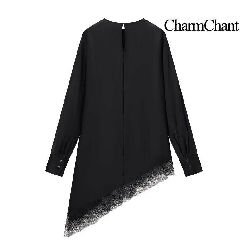 CharmChant Camicia a maniche lunghe in pizzo asimmetrico in raso nero per donna Y2k Harajuku Moda elegante camicia senza maniche camicetta femminile