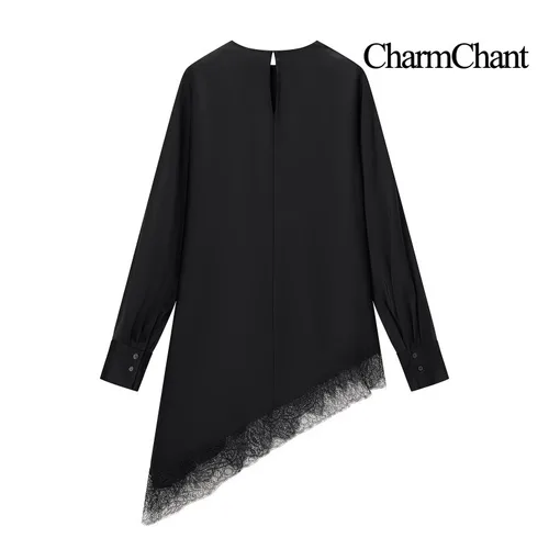 Imagen 2 del producto CharmChant camisa de manga larga de encaje asimétrico de satén negro para mujer Y2k Harajuku moda elegante camisa sin mangas blusa femenina