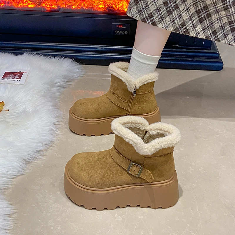 Platform Ankle Boots for Women Autumn Winter Plush Retro Female Cotton Shoes Middle Heels Suede Fashion Short Botas Femininas