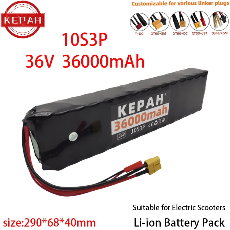 36V 36Ah Rechargeable Lithium Battery Pack 18650 10S3P 500W Power Modified 36V Electric Scooter Battery with BMS, SYP XT60 JST