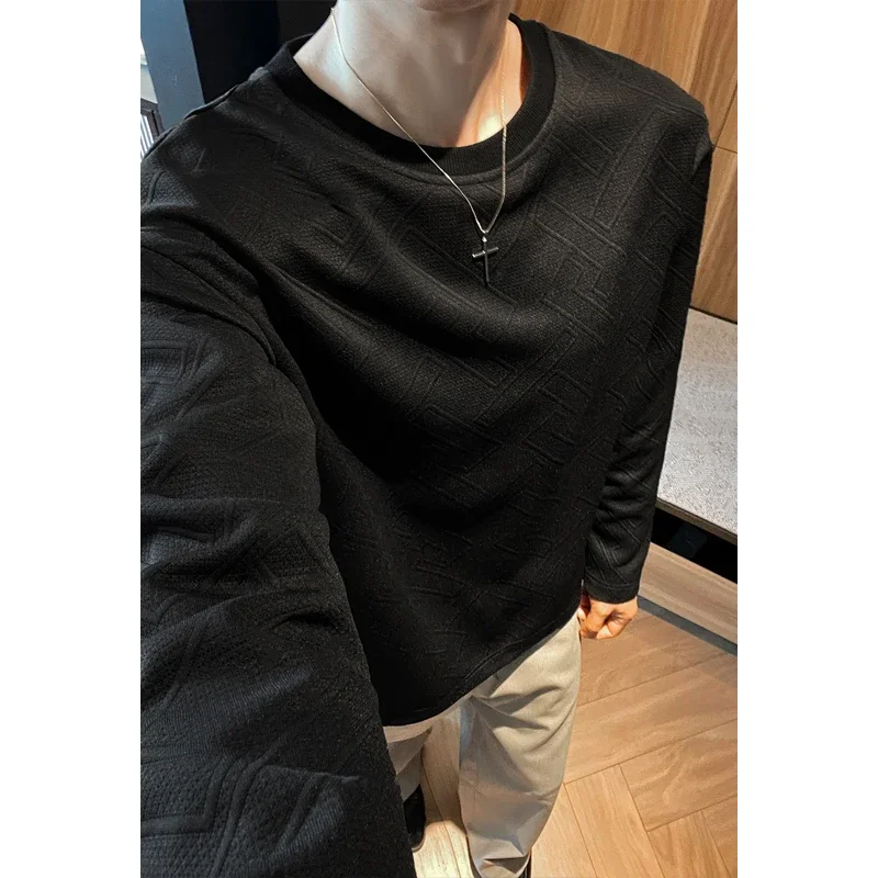 Men Crew Neck Long Sleeve Sweatshirt Geometric Embossed Jacquard Fabric Loose