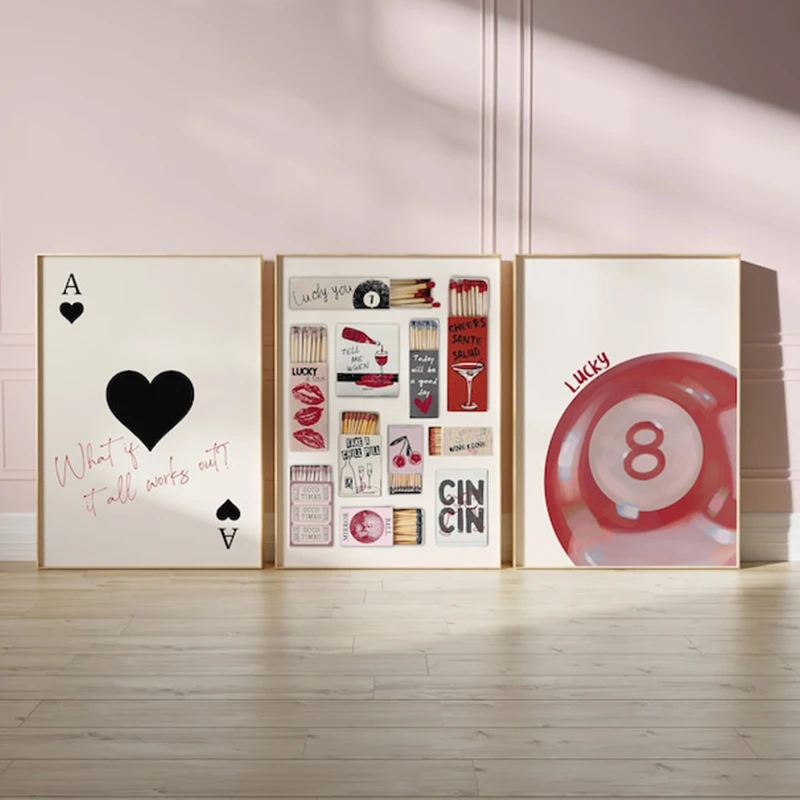 

Lucky You Canvas Wall Art Vintage Matchbox Poster for Room Ace of Hearts Print Retro Painting Red Pool Ball Decoration Picture