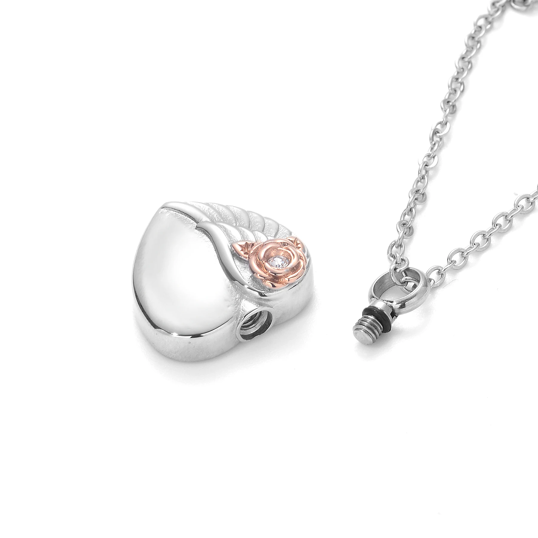 Herz mit Rose Urnen-Halskette aus Edelstahl mit Strasssteinen, Liebeskremations-Anhänger für Asche, Andenken-Schmuck für Frauen – Detail 3