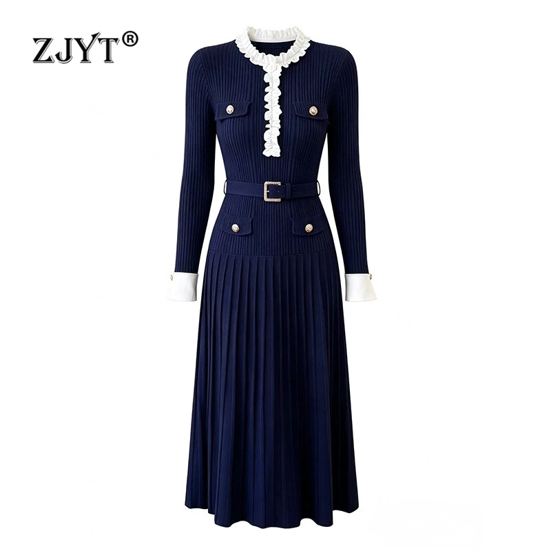 ZJYT Autumn Winter Long Knitting Sweater Dresses Woman 2026 Fashion Full Sleeve Pleated Midi Casual Party Blue Dress Vestidos
