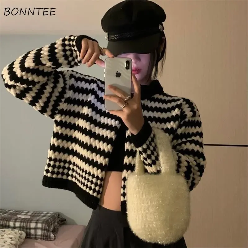 

Short Style Cardigans Women Striped Korean Style Fashion Chic Vintage Students Streetwear Ins Sweaters Autumn Knitwear Basic