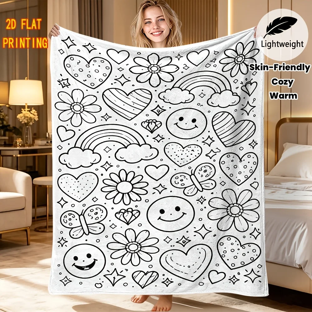 Sweet Doodle Throw Blanket Flower Heart Rainbow Doodle Line Print Soft Flannel for Kids Room Sofa Lap DIY Craft Theme Decor Gift