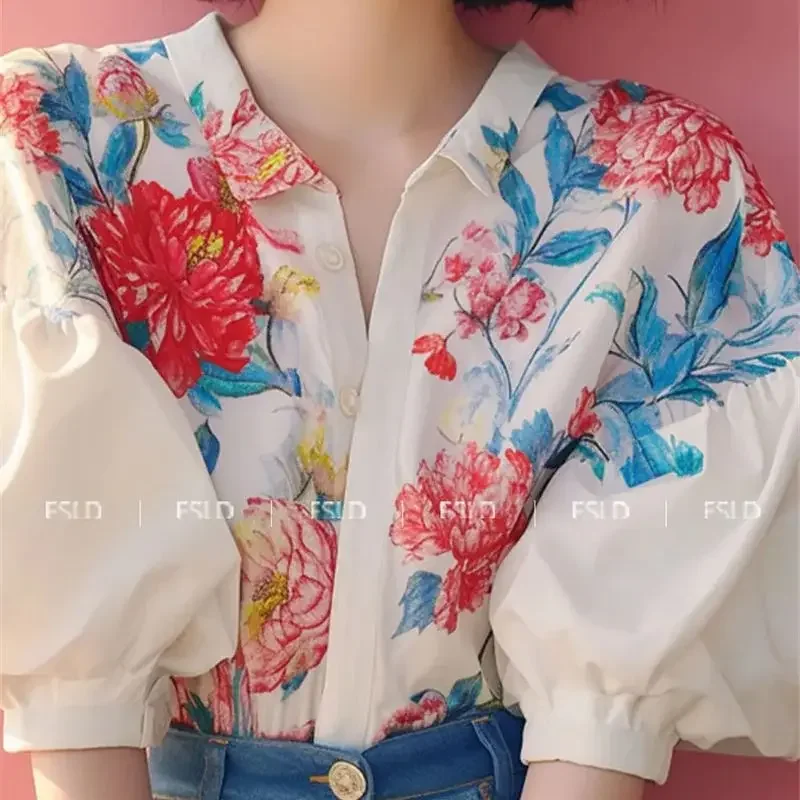 Chemisier à manches bouffantes à imprimé floral pour femmes, chemises d'été élégantes, bouton, mode, grande taille, média, nouveau