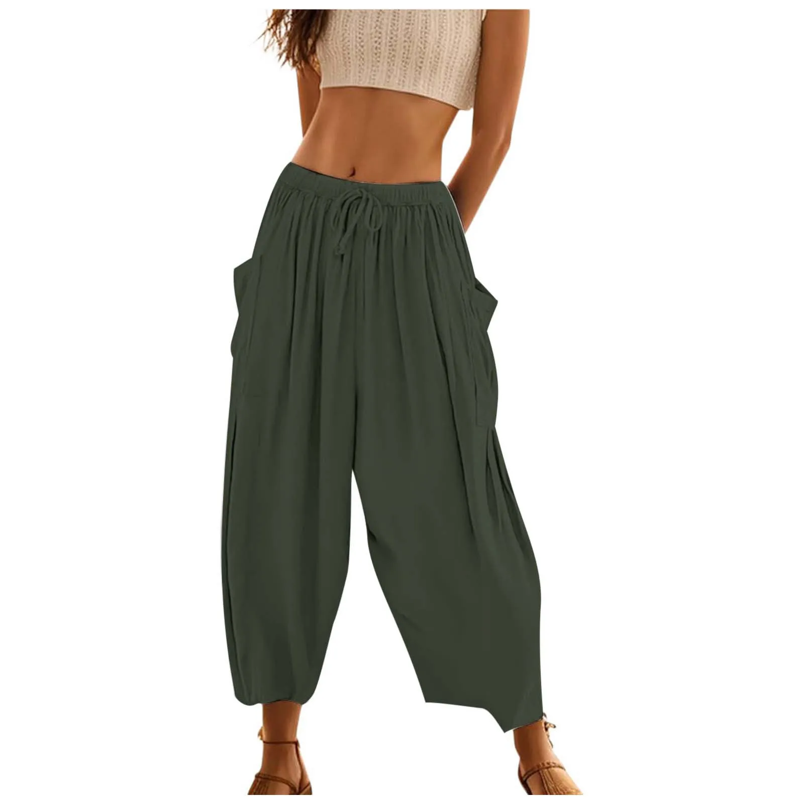 

Women's Trousers Autumn Solid Colour Wide Leg Loose Comfortable Drawstring Low Waist Beach Pants Preppy Style Outwear Pants