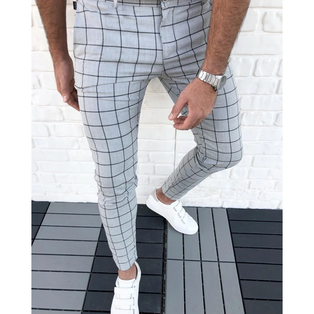 

Casual Jogger Streetwear Fashion Slim Plaid Trousers Man Thin Mid Waist Social Party Skinny Male Calça Pants Mens Pencil Pant