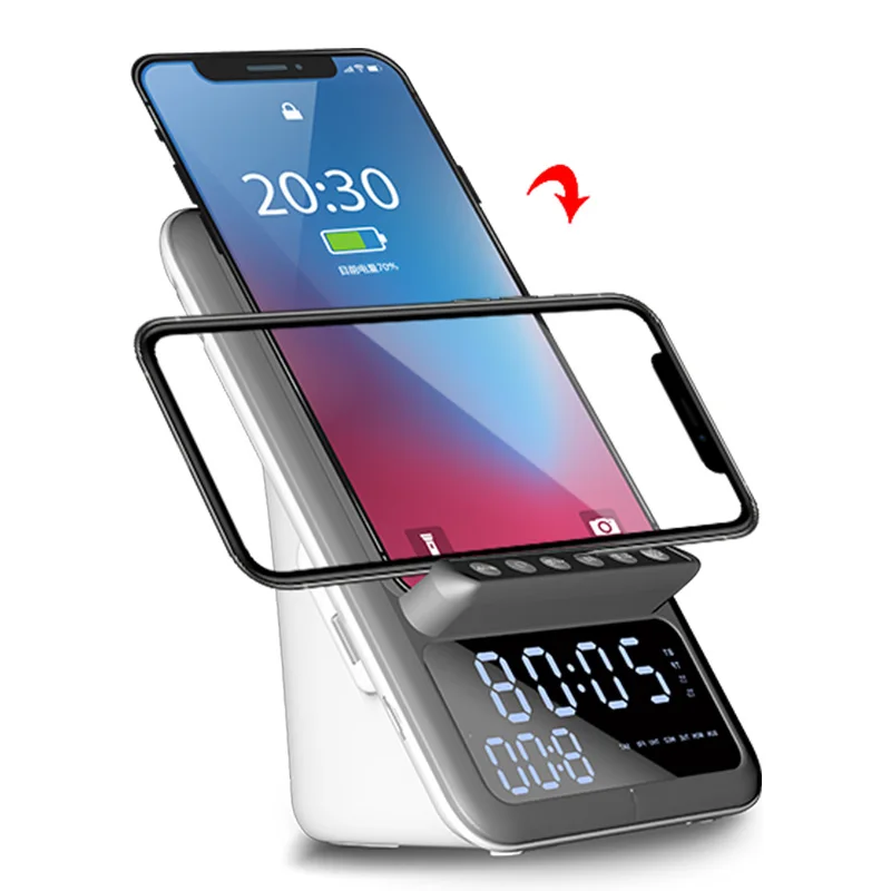 

New BT512 Wireless Charging Bluetooth Speaker Led Alarm Clock With Wireless Charging Dock Stand Fm Radio USB Fast Charger