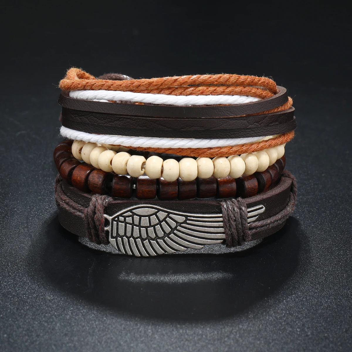 Bohemian Style PU Leather Products Widened Woven Bracelet Wooden Bead Bracelet Drawstring Charm Bracelet Jewelry For Men