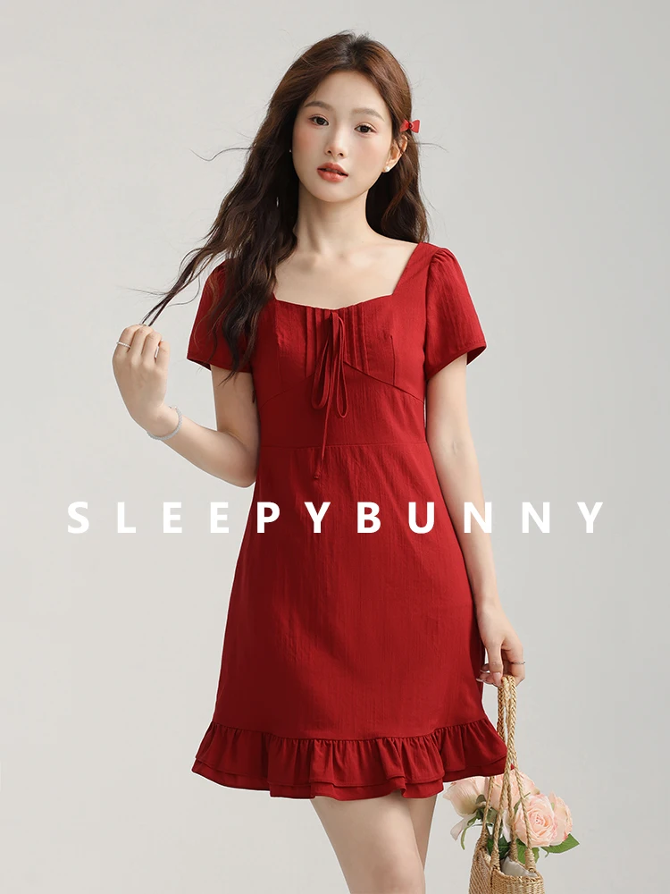 

Vintage Puff Sleeve Midi Dress Women Sweetheart Neck High Waist Ruffle Hem Dress Slim Fit Tie Front Elegant Summer Casual Dress