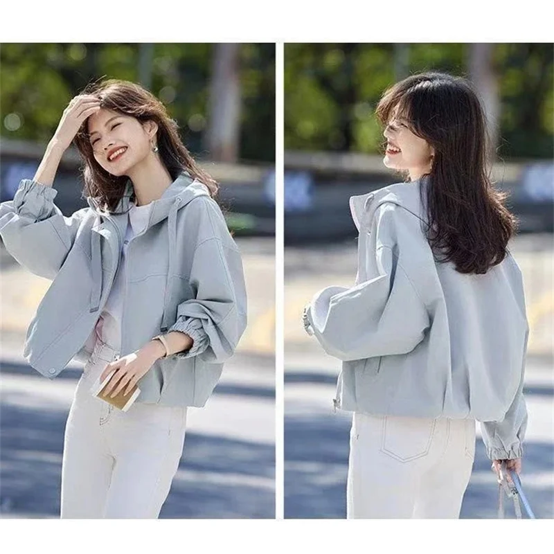 

Короткая куртка с капюшоном 2026, новый стиль, весенне-осенняя универсальная свободная повседневная куртка, верхняя ветровка, женская куртка фиолетового и синего цвета