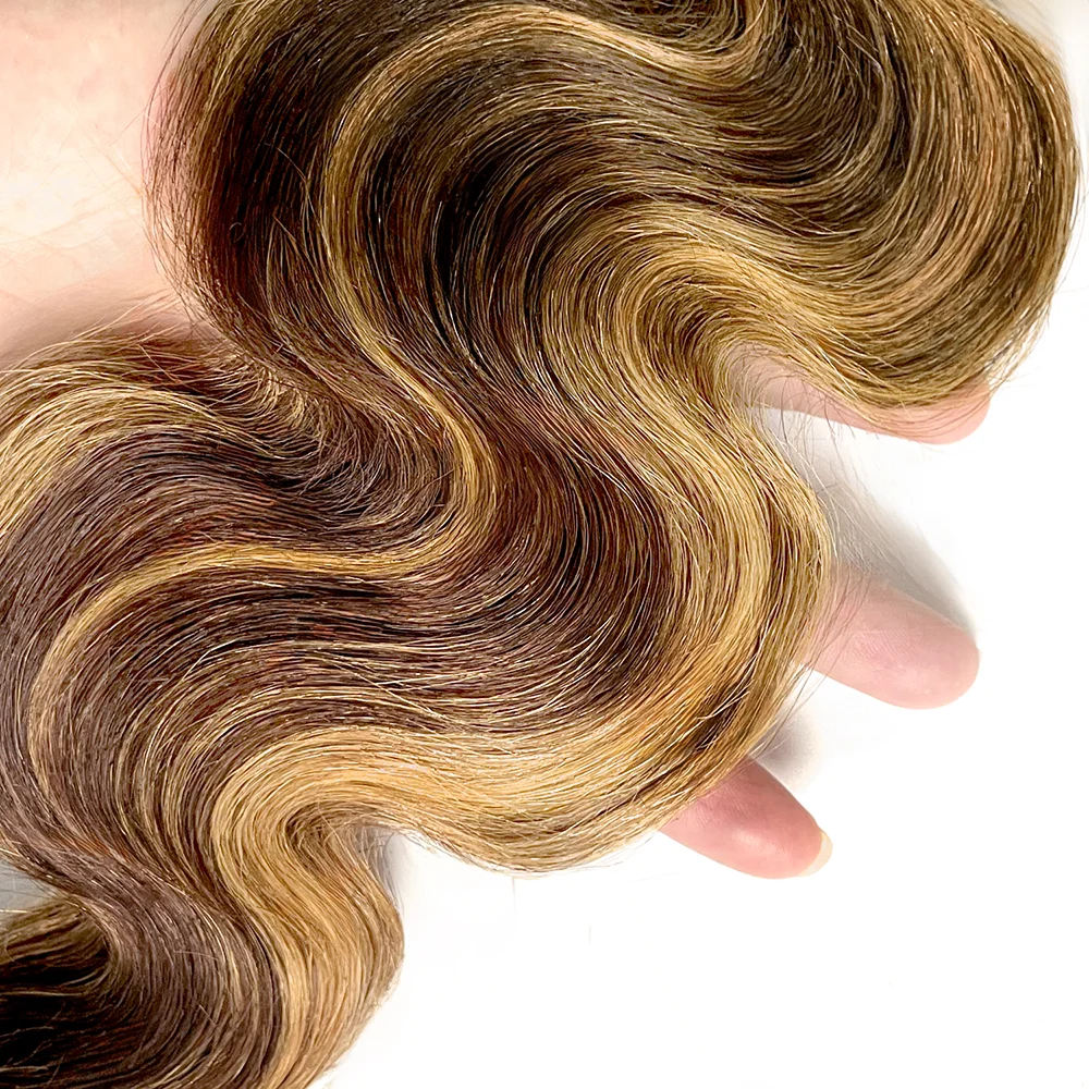 Pacotes de cabelo humano Remy brasileiro com fechamento para mulheres, onda do corpo, louro do mel, cabelo humano real, extensões, # P4, 27