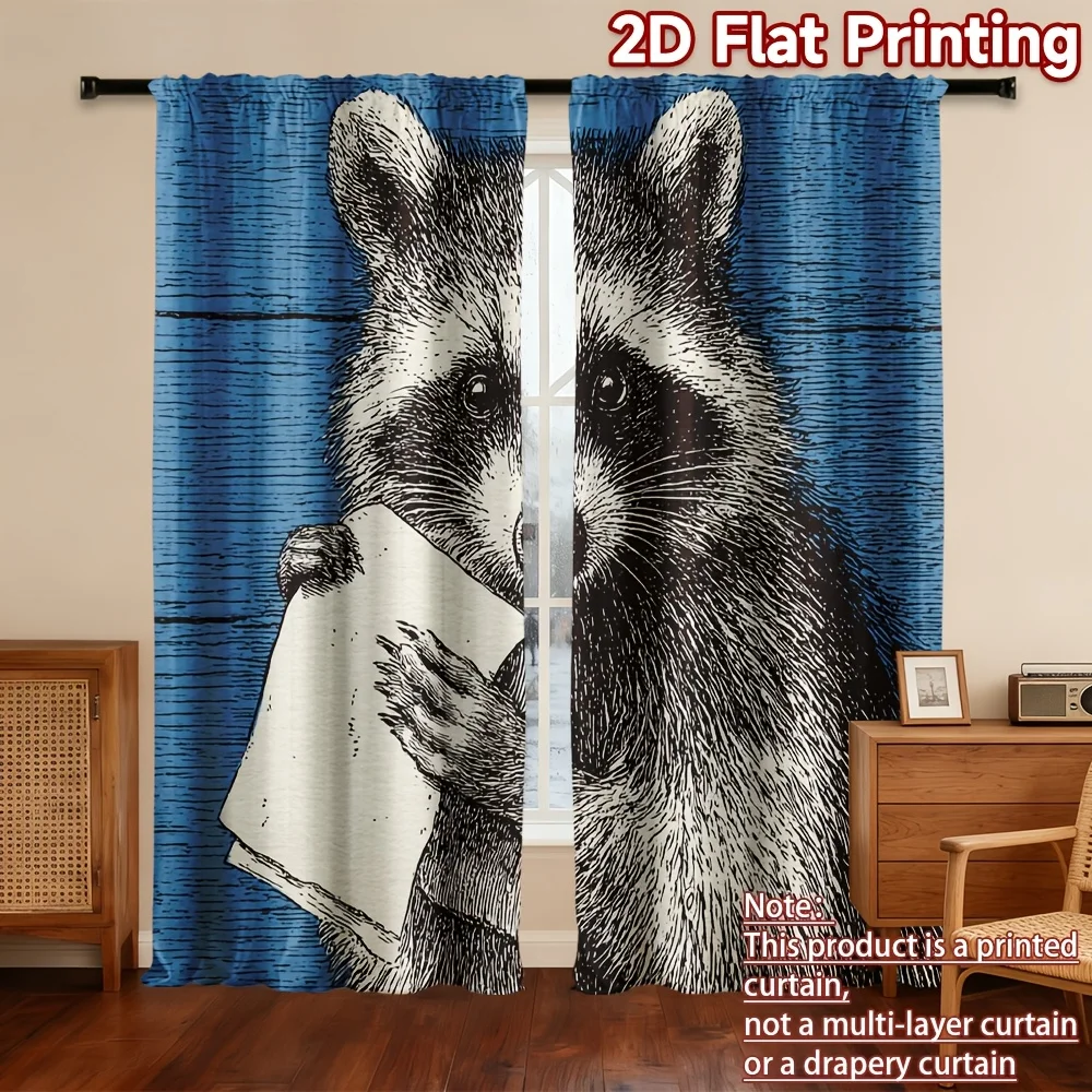 Funny Raccoon Curtain, Holding Towel Sketch Print Drape, Cartoon Animal Window Treatment for Bathroom Kids Room Living Room Home