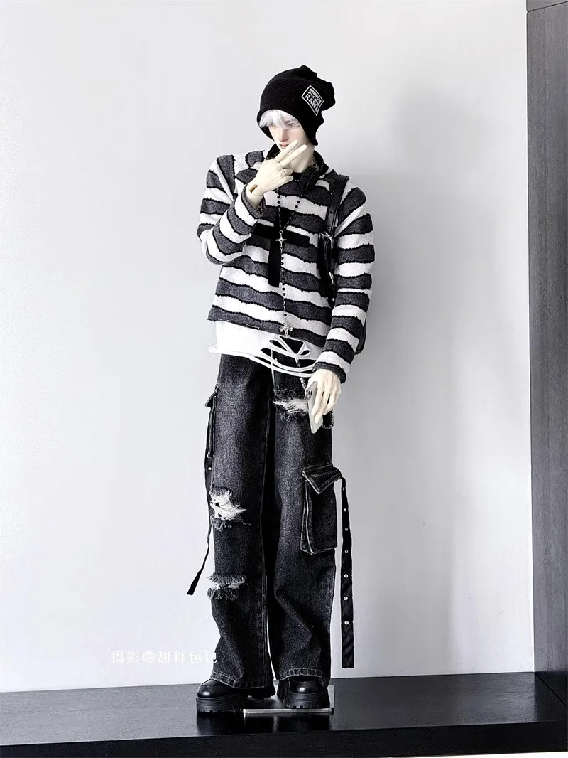 BJD Doll Trousers Boys Girls Toys ID75 Ripped Jeans Daily Dance Long Wide-leg Black Wash Denim Handsome Gifts Doll Accessories