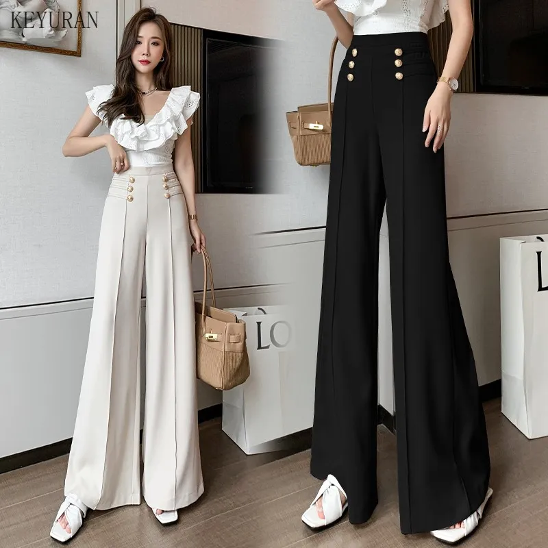 Women Spring Summer New Elegant Button High Waist Wide Leg Pants Female Fashion Casual Full Length Office Lady Trouser Apricot