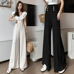 Women Spring Summer New Elegant Button High Waist Wide Leg Pants Female Fashion Casual Full Length Office Lady Trouser Apricot