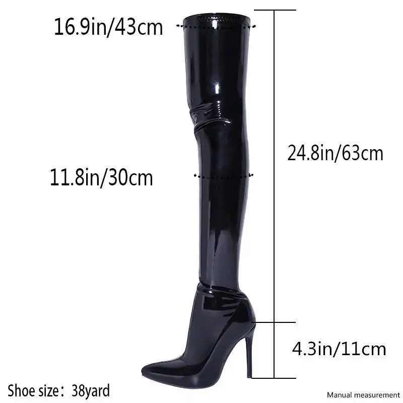 Botas altas hasta el muslo de charol negro para mujer, zapatos de tacón alto sin cordones, Punta puntiaguda, talla grande 45, invierno, 2024