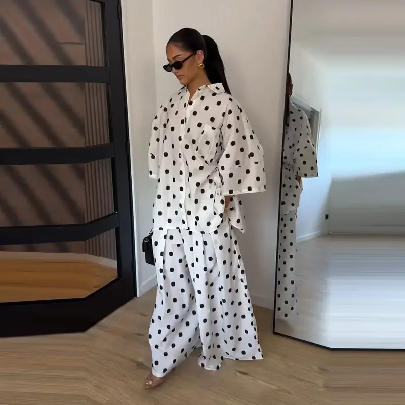 Loses Punktmuster-Hemd-Hosen-Set für Damen, Lässiges Langarm-Hemd mit Knöpfen und Revers, Lange Weite Hose, Damenanzug, Herbst 2026, Neu – Detail 6
