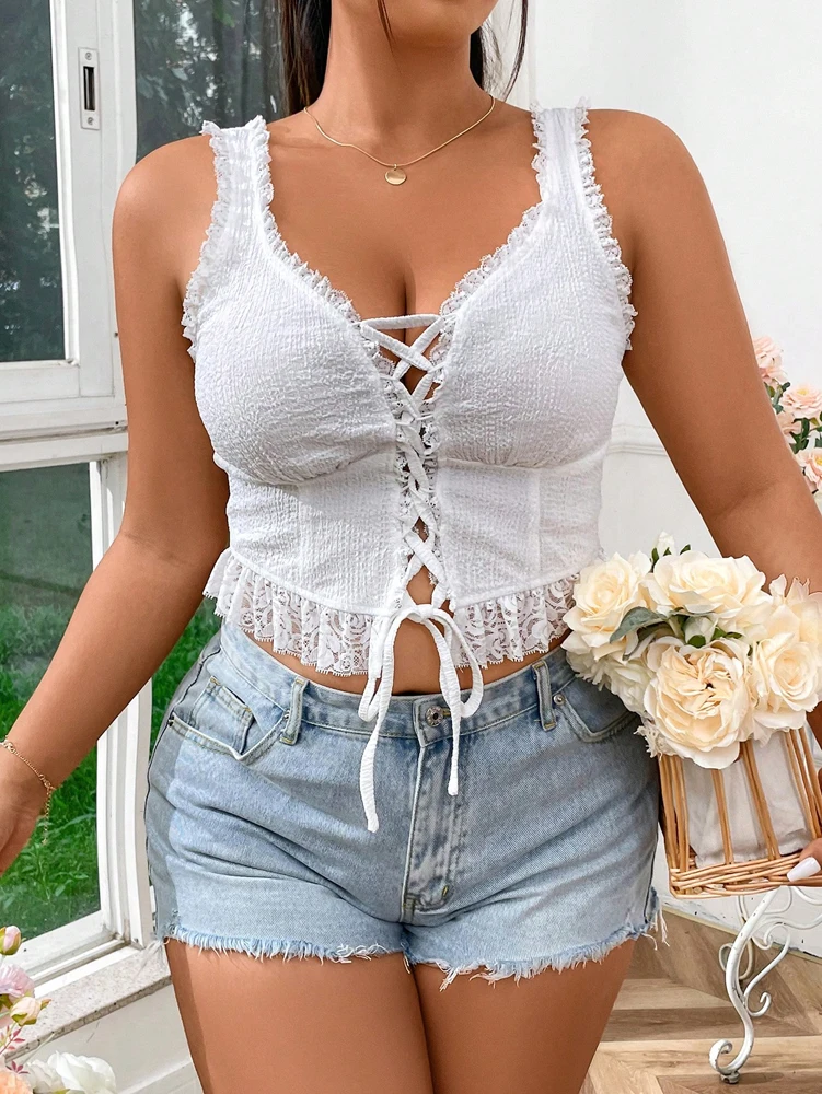 

Plus Size Women's Lace Lingerie Spaghetti Strap Vest Camisole Top Women's Sexy Deep V Neck Slim Tight Y2K Sleeveless Tank Top