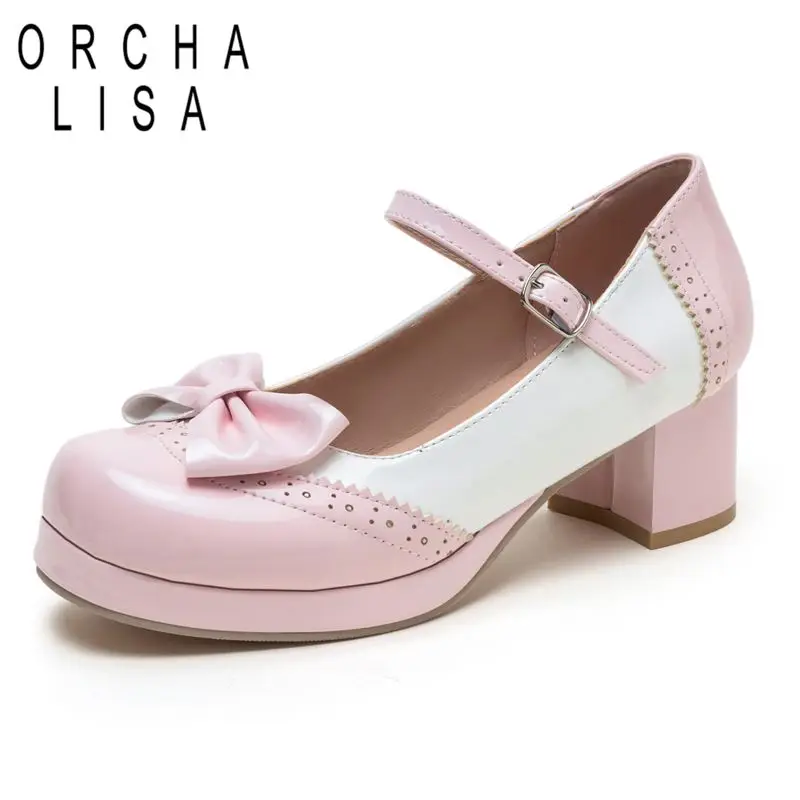 

ORCHA LISA Pink Lolita Women Pumps Round Toe 5cm Block Heel Platform Bowknot Buckle Strap Sweet Daily Shoes Big Size 45 46 47 48