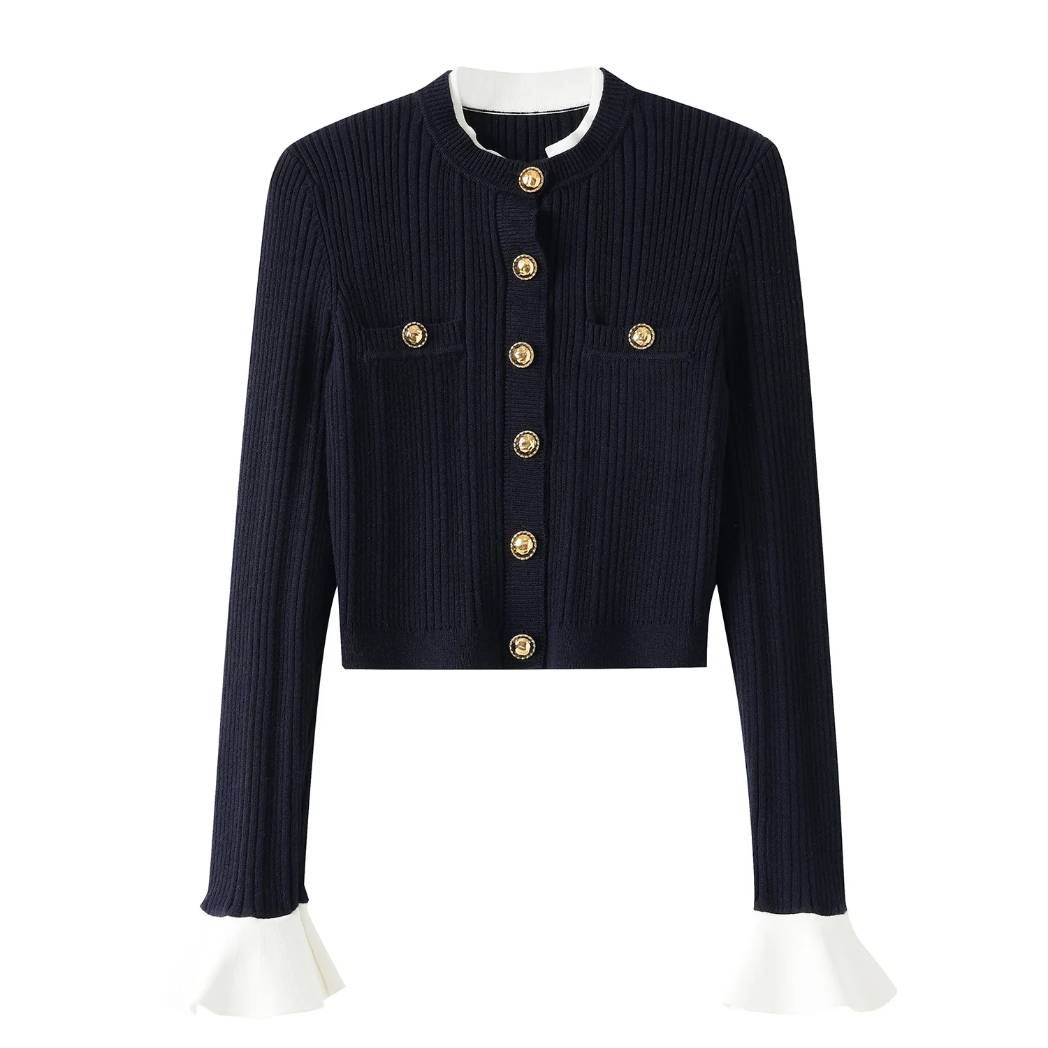 

High-End Knitted ort Cardigan Women's Slim Fit round Ne Faionable Golden Button Single Row Open-irt Sle Commute Wind