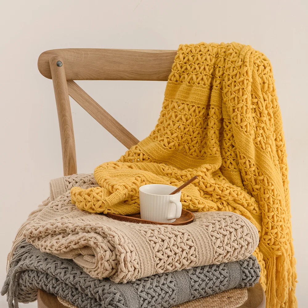 Summer Gift Knitted Solid Color Throw Blanket with Tassel Soft Nap Textured Plaid Sofa Cover Nordic Bed End Decor for Home