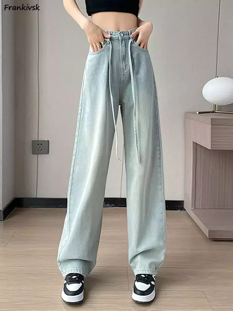 

Lace-up Jeans Women Wide Leg Loose Autumn Simple Fashion Ankle Length Denim Streetwear High Waist Korean Style Hotsweet Solid