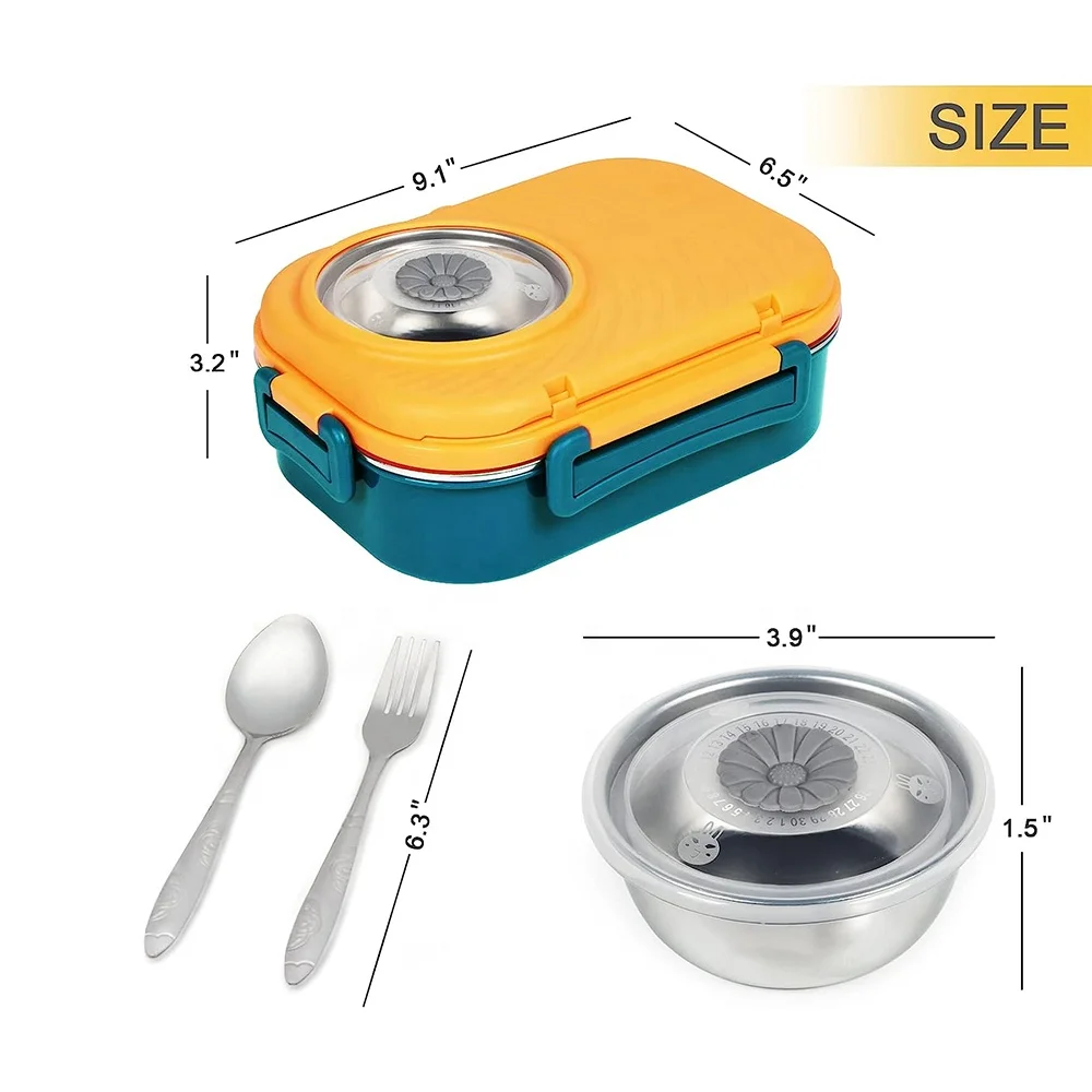 Stainless  Insulated Bento Lunch  3 Compartments School Lunch  with Reusable Sauce Bowl Fork Spoon