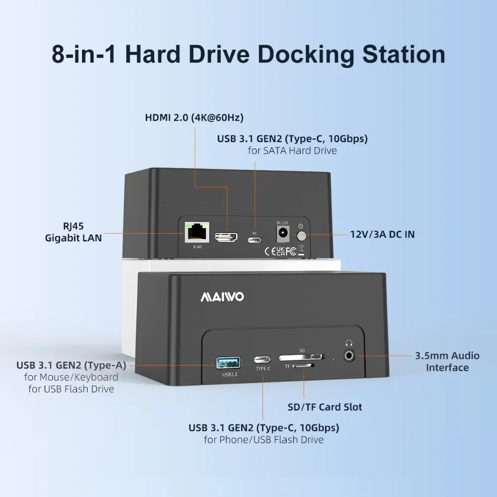 Caja de disco duro MAIWO USB 3,1 SATA para estación de acoplamiento HDD SSD de 2,5 "y 3,5" con puerto HDMI adaptador Gigabit Ethernet para PC