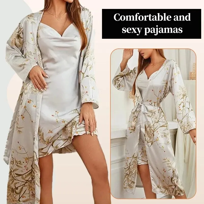 2pcs Floral Nightgown and Robe Set for Women Soft Nightdress Bathrobe New Sexy Loungewear V-Neck Sleepwear