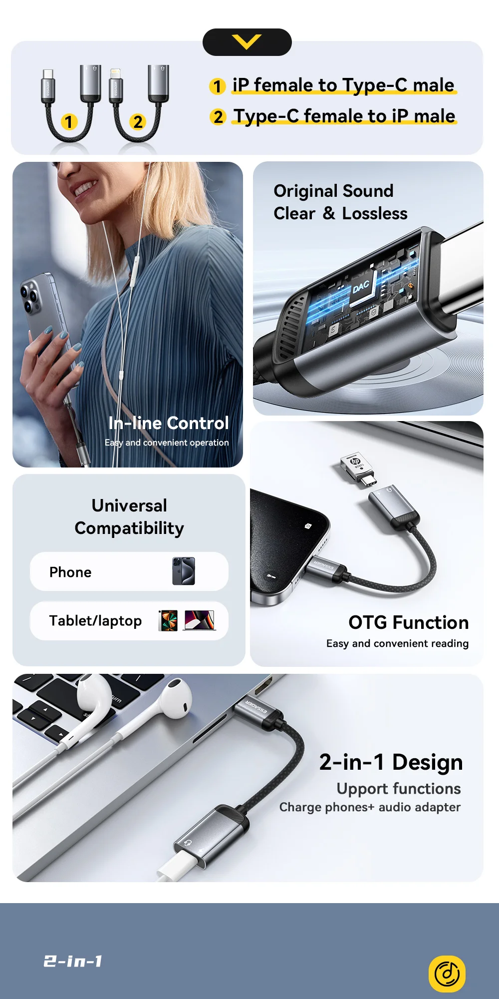 Essager Typ-C-Audio-Adapterkabel, Typ-C-Buchse auf IP-Stecker, Adapter, OTG-Kopfhörerkonverter für iPhone, Xiaomi, iPad, MacBook Pro – Detail 2