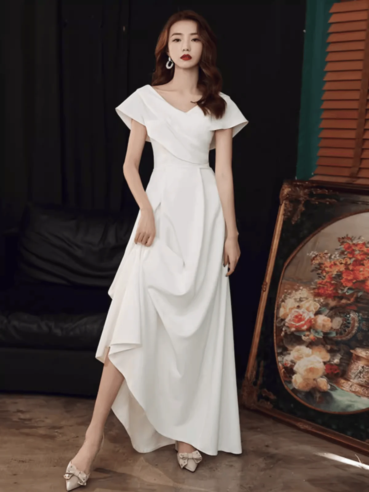 Ele White Evening Gown Host High Waist A-Line Skirt Long Dr for Art Exam Banquet Wedding Ceremony Registration