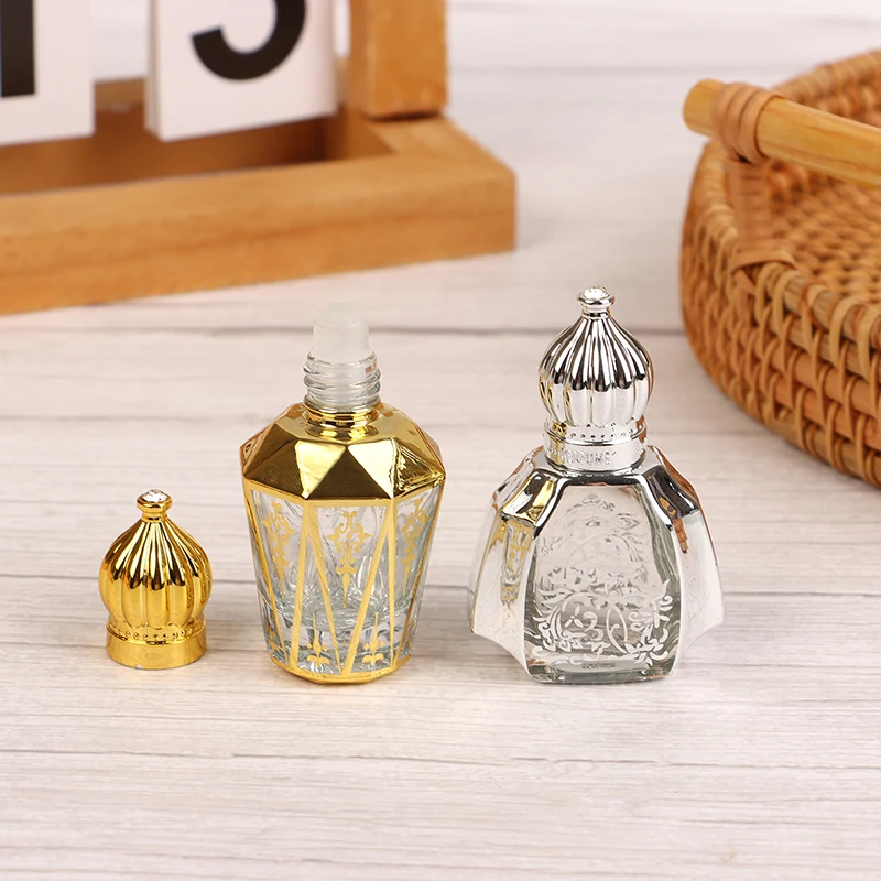 زجاجة صغيرة بكرة زيت أساسي ، زجاجة عطر على شكل تاج ، محمولة ، شفافة ، مطلية بالكهرباء للسفر ، زجاجة فارغة من الزجاج المنحوت