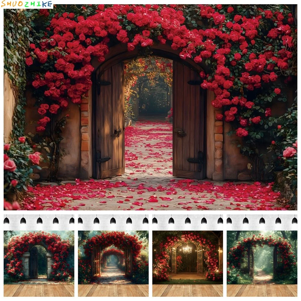 

Wood Door Arch Flowers Backdrop Photography Birthday Party Valentine's Day Wedding Portrait Photocall Background Photostudio