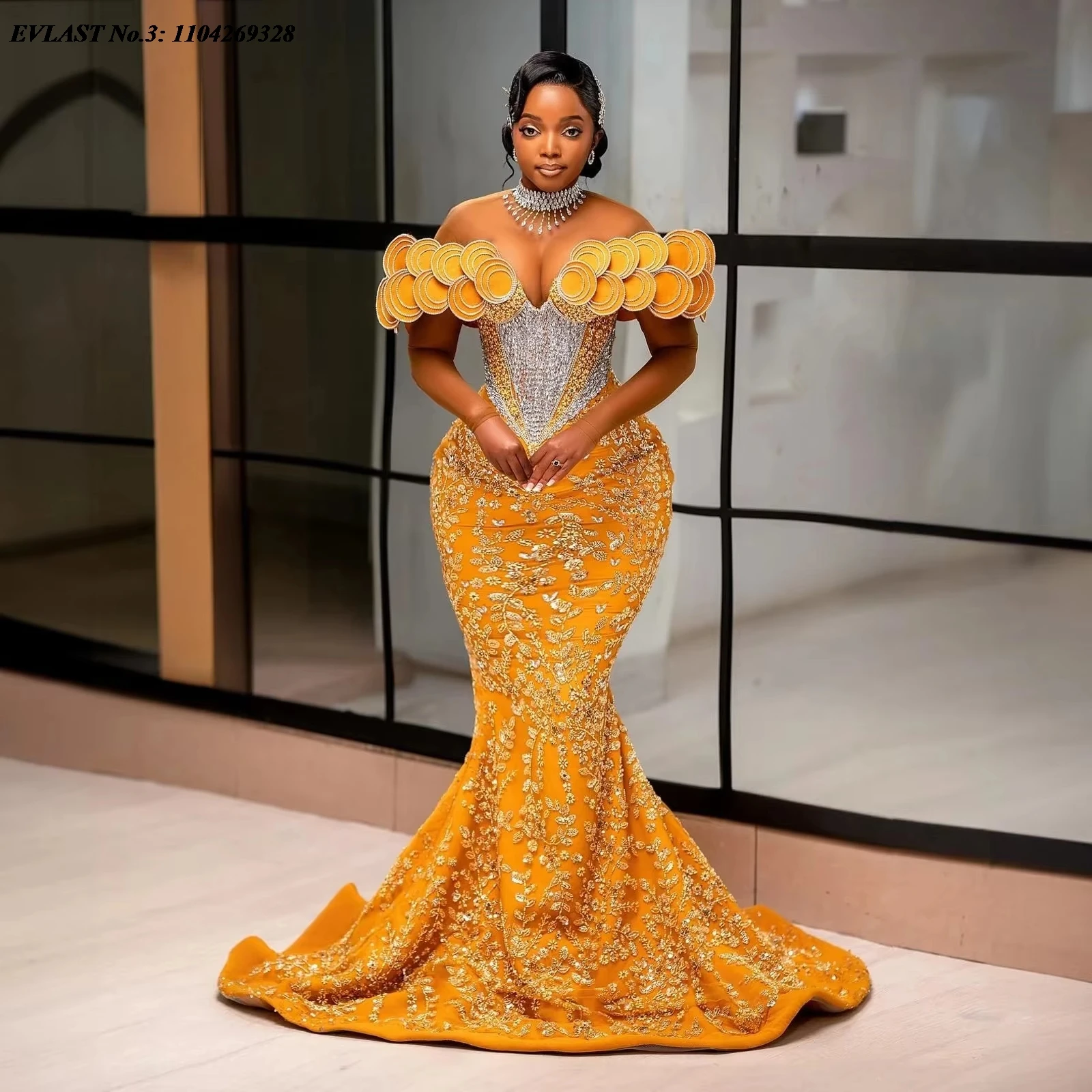 

EVLAST индивидуальное платье для выпускного вечера Aso Ebi Gold Mermaid, черное вечернее платье с африканским кружевом и кристаллами для девочек, Robe De Soirée E3P429